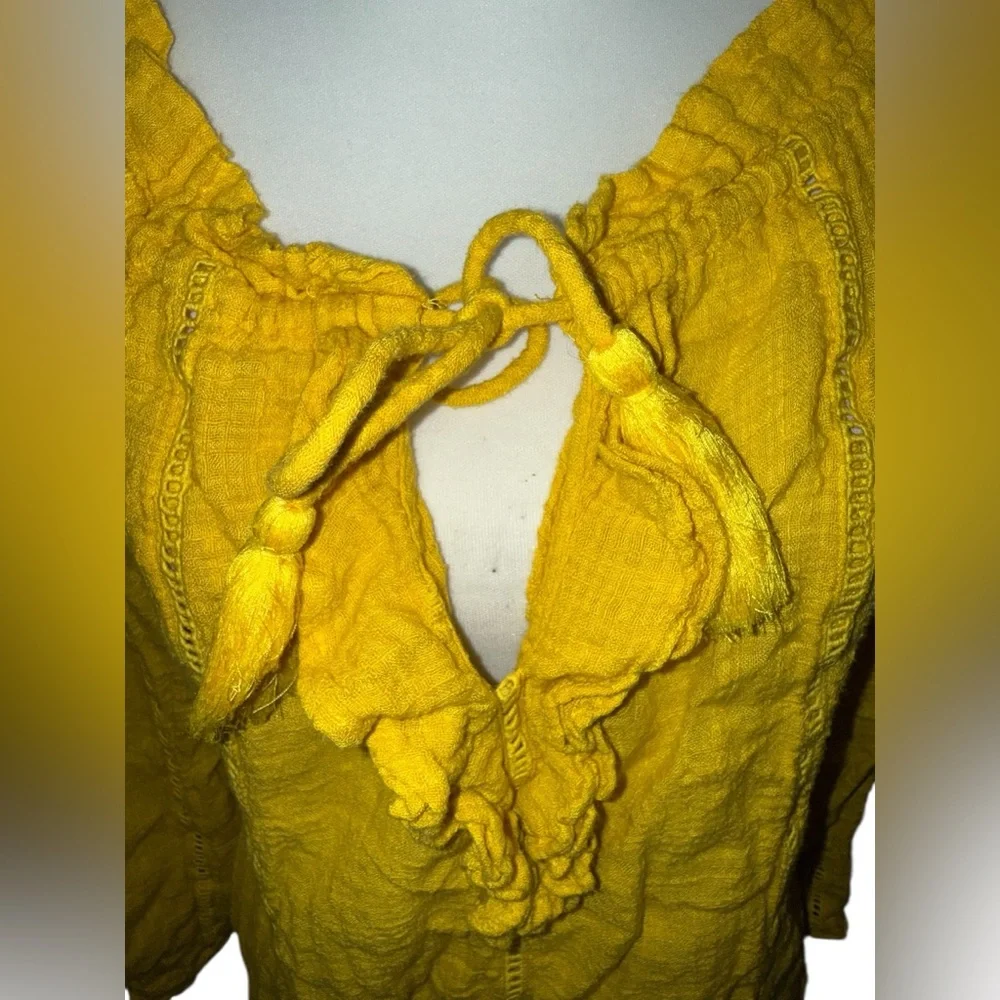 Sundance Artists Dream Sheer Blouse Ladder Lace Ruffle Neck and Tassel Tie Small